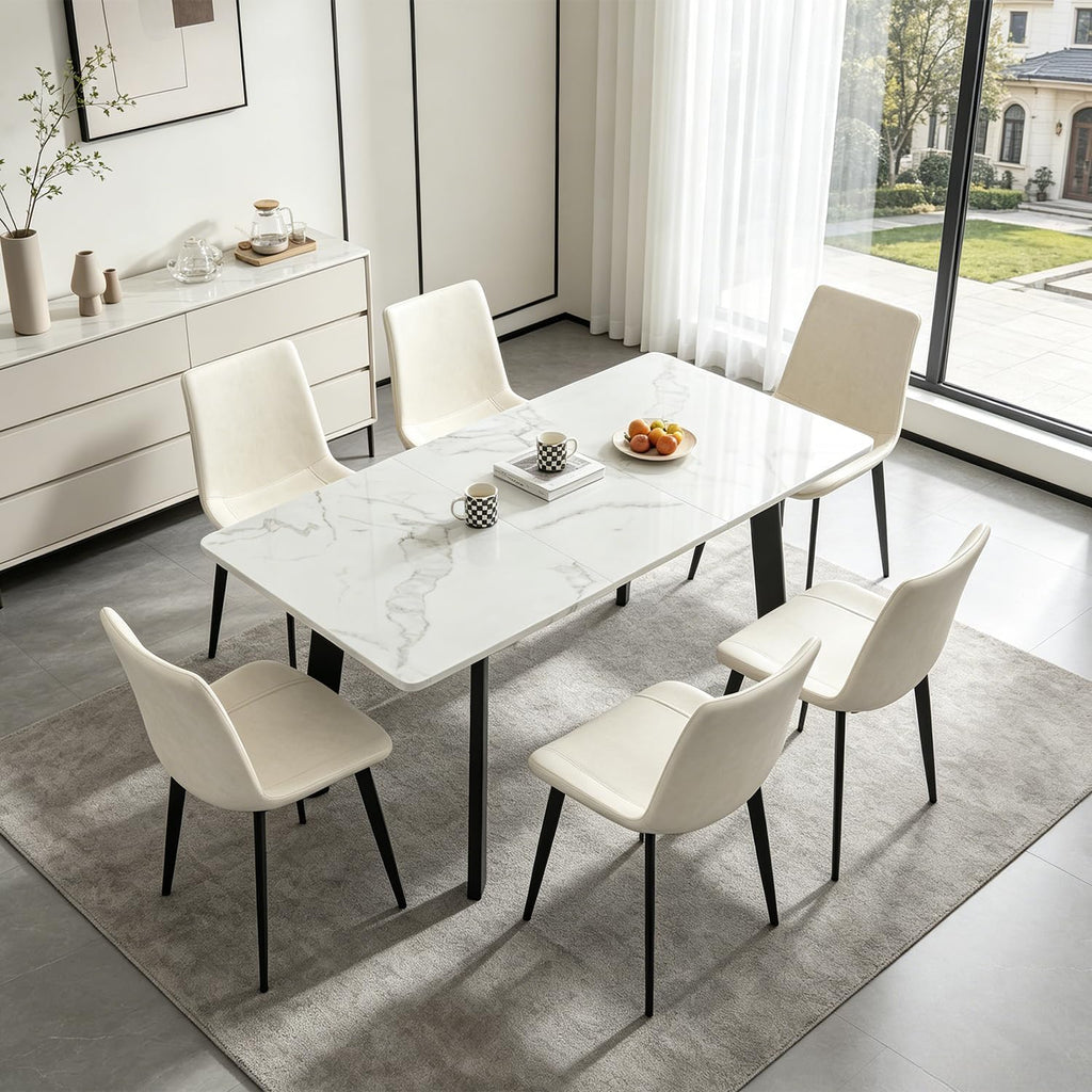 47.2"-63" Extendable Dining Room Table Set for 4-8 People, White | Removable Extension Leaf, Durable MDF Rectangle Top, 6 Beige Sleek Faux Leather Chairs, Heavy Duty Modern Kitchen Table Set