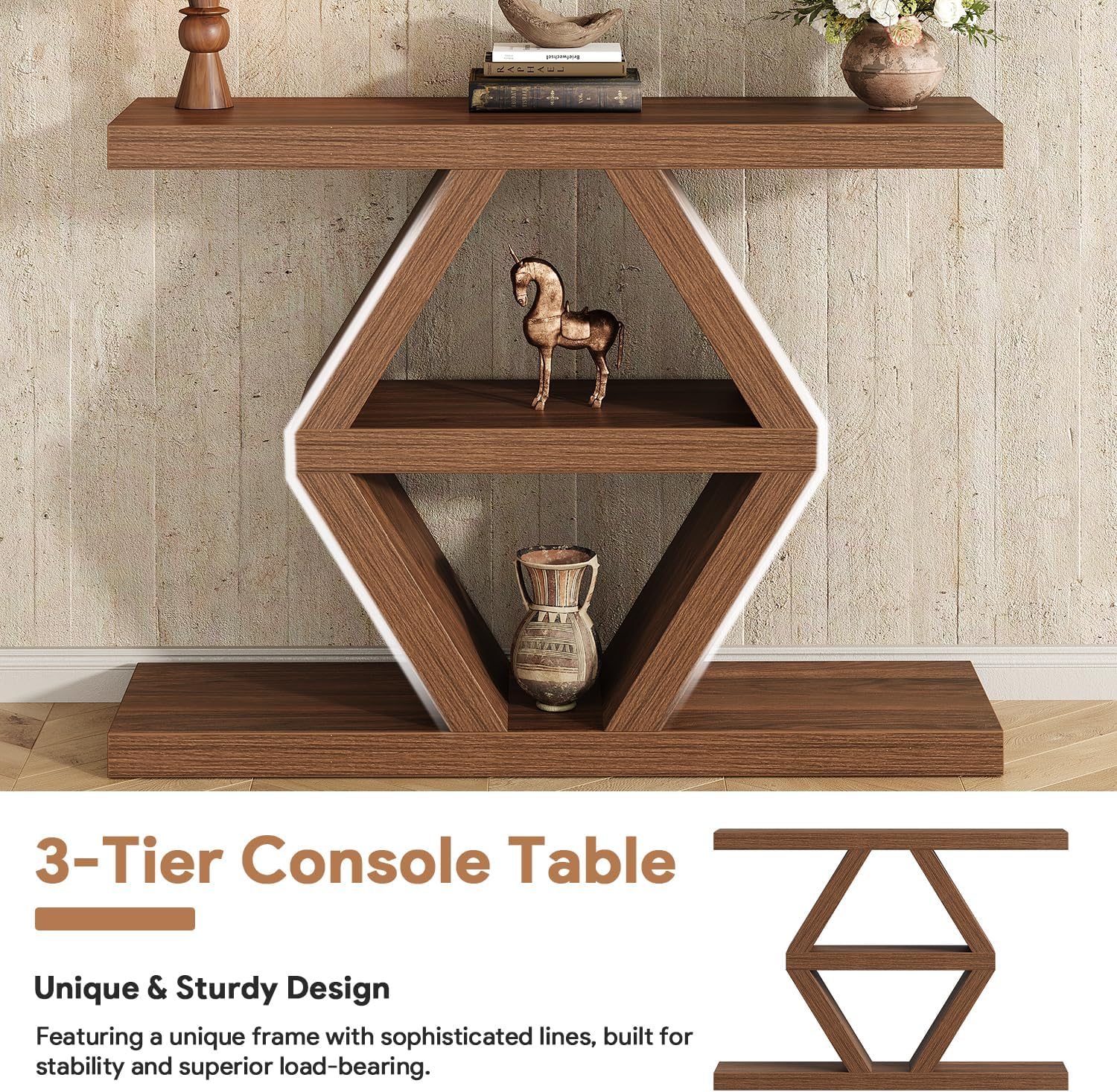 39.4" Farmhouse Console Table, Rustic Entryway Table with 3-Tier Storage Shelves, Wooden Sofa Table Behind Couch, Unique Modern Narrow Entry Table for Entrance, Hallway, Foyer, Living Room, Walnut