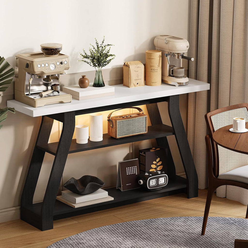 Console Table, 55-Inch Entryway Table with LED Light 3-Tier Narrow Wood Console Tables Behind Couch Sofa Tables for Living Room, Entryway, Hallway (Black+White)