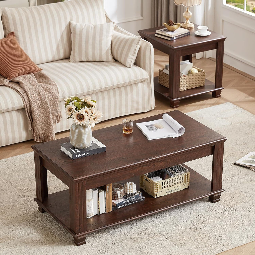 SAVOR LIFE Farmhouse TV Stand and Coffee Table Set 4 Piece, Walnut | Living Room Table Set with Drawer & Open Shelving & Thick Tabletop & Square Wooden Legs