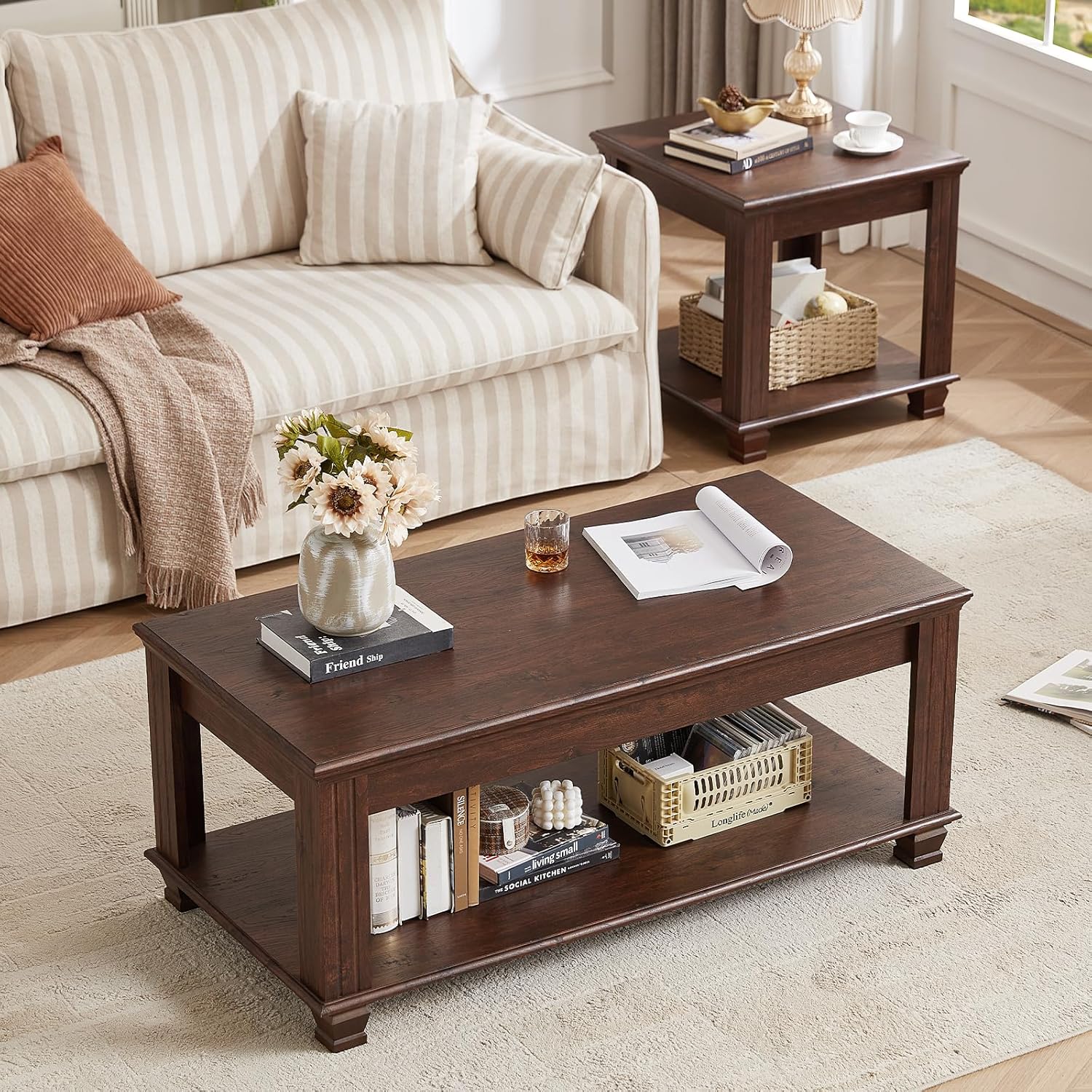 SAVOR LIFE Farmhouse TV Stand and Coffee Table Set 4 Piece, Walnut | Living Room Table Set with Drawer & Open Shelving & Thick Tabletop & Square Wooden Legs