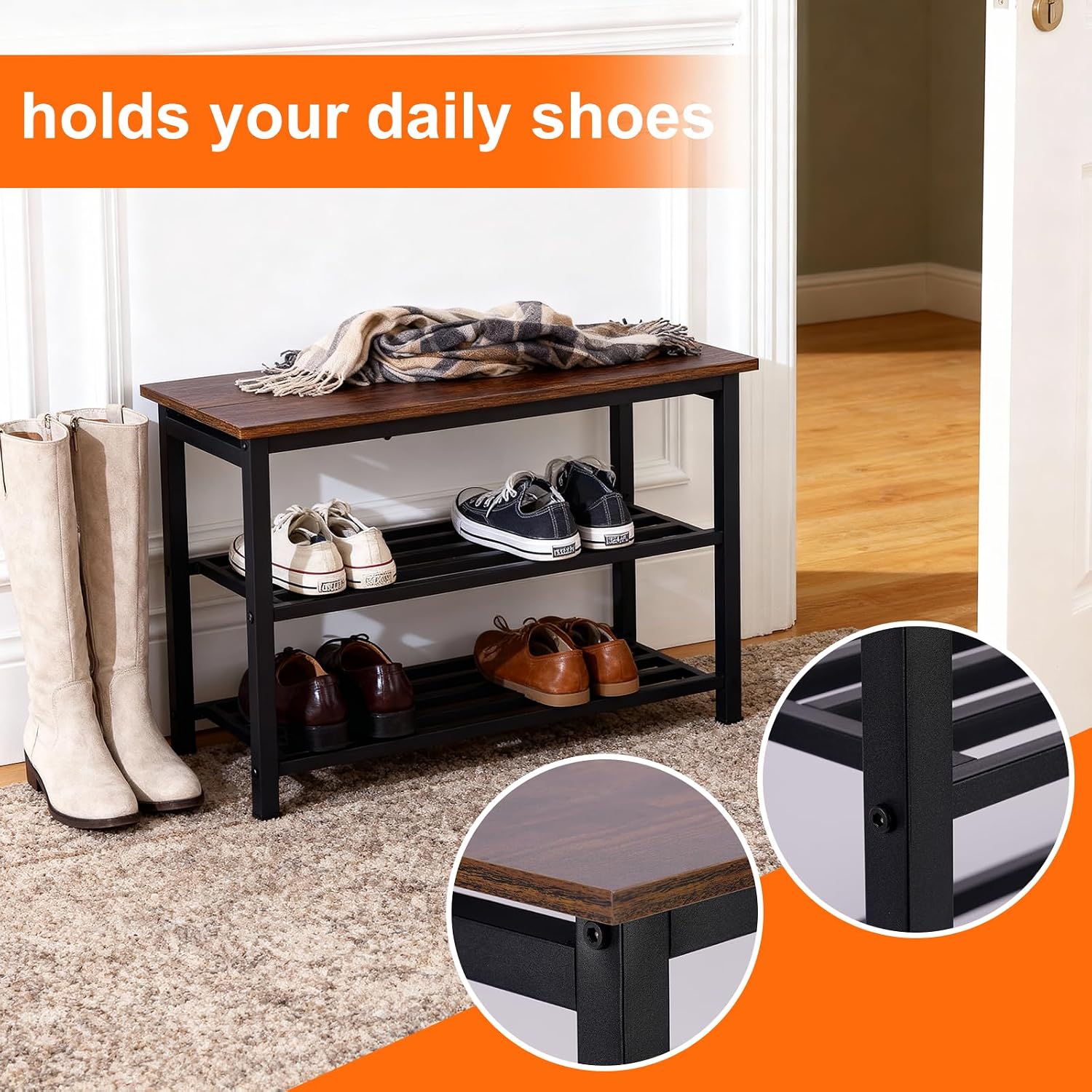 3-Tier Shoe Rack Bench, Rustic Brown Industrial Entryway Storage Organizer with Wood Seat and Multiple Shelves
