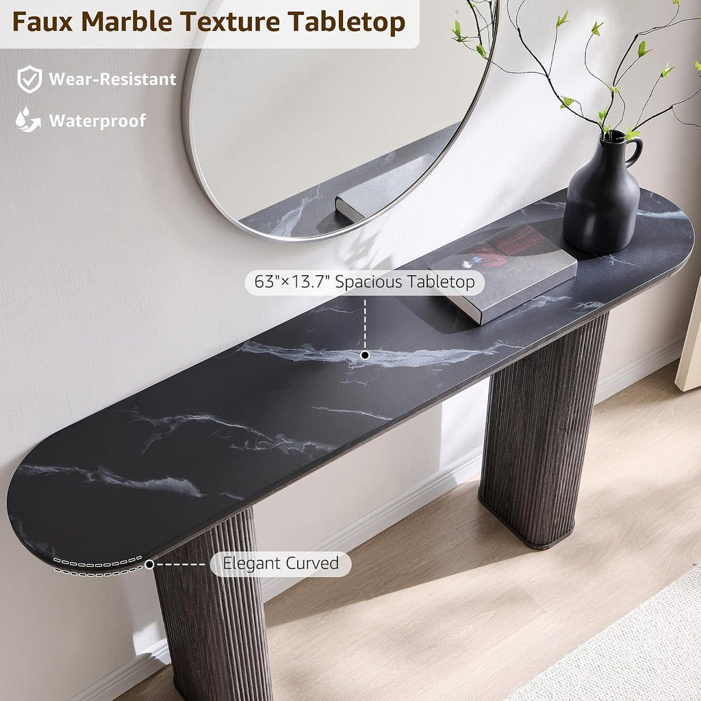 OKD 63" Modern Console Table with Arc Faux Marble Texture Top, Fluted Wood Base, Contemporary Entryway Sofa Table for Living Room, Hallway, Foyer, Dark Alder