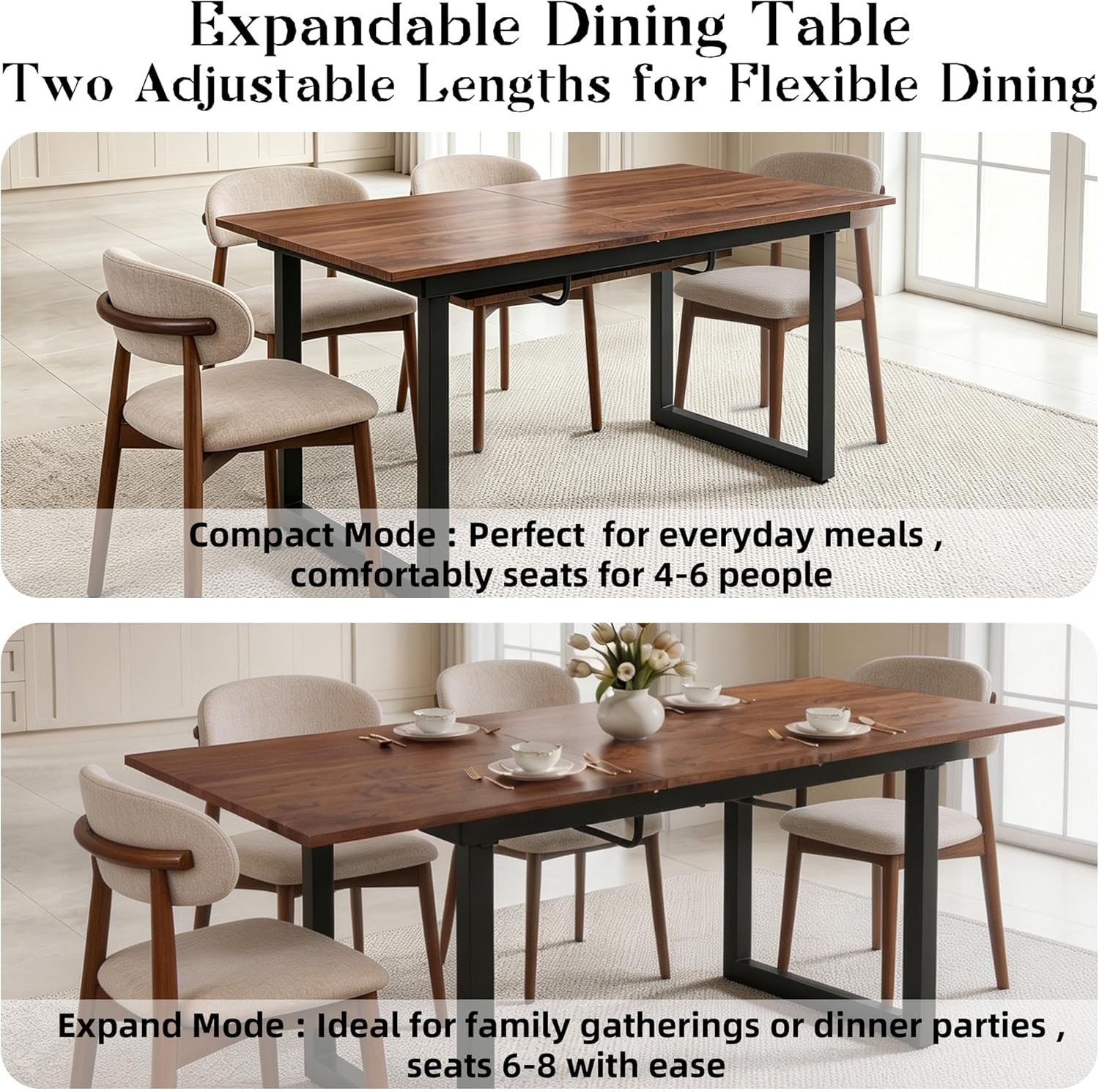 Extendable Dining Table for 4-8, 55"-71" Rectangular Kitchen Table, Modern Farmhouse Expandable Table with MDF Top, Space-Saving Wooden Table for Dining Room, Kitchen, Living Room, Office, Walnut