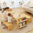 Xilingol Montessori Kids Table and Bench Set with Storage, Wooden Toddler Desk and Chairs Set, Indoor Activity Craft Table for Playroom, Boys, Girls (Natural)