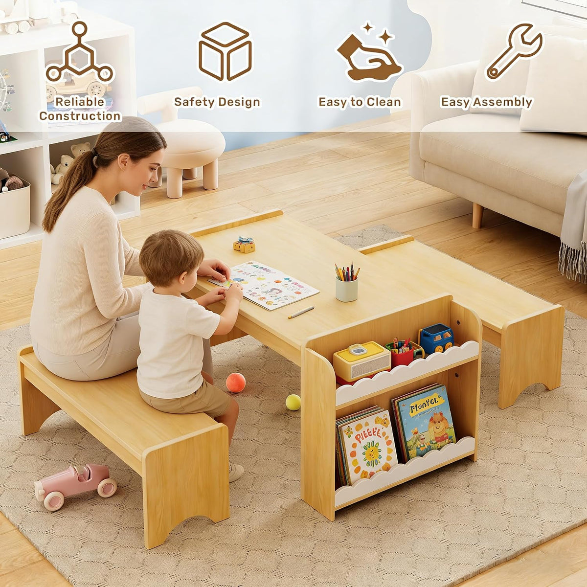 Xilingol Montessori Kids Table and Bench Set with Storage, Wooden Toddler Desk and Chairs Set, Indoor Activity Craft Table for Playroom, Boys, Girls (Natural)