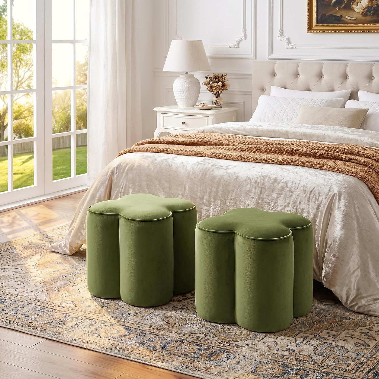 Olive Green Velvet Ottoman Set of 2, Modern Small Vanity Stool | Multi-Functional Ottoman Stool, Footrest for Couch, Flower Footstool for Makeup Room, Entryway and Living Room