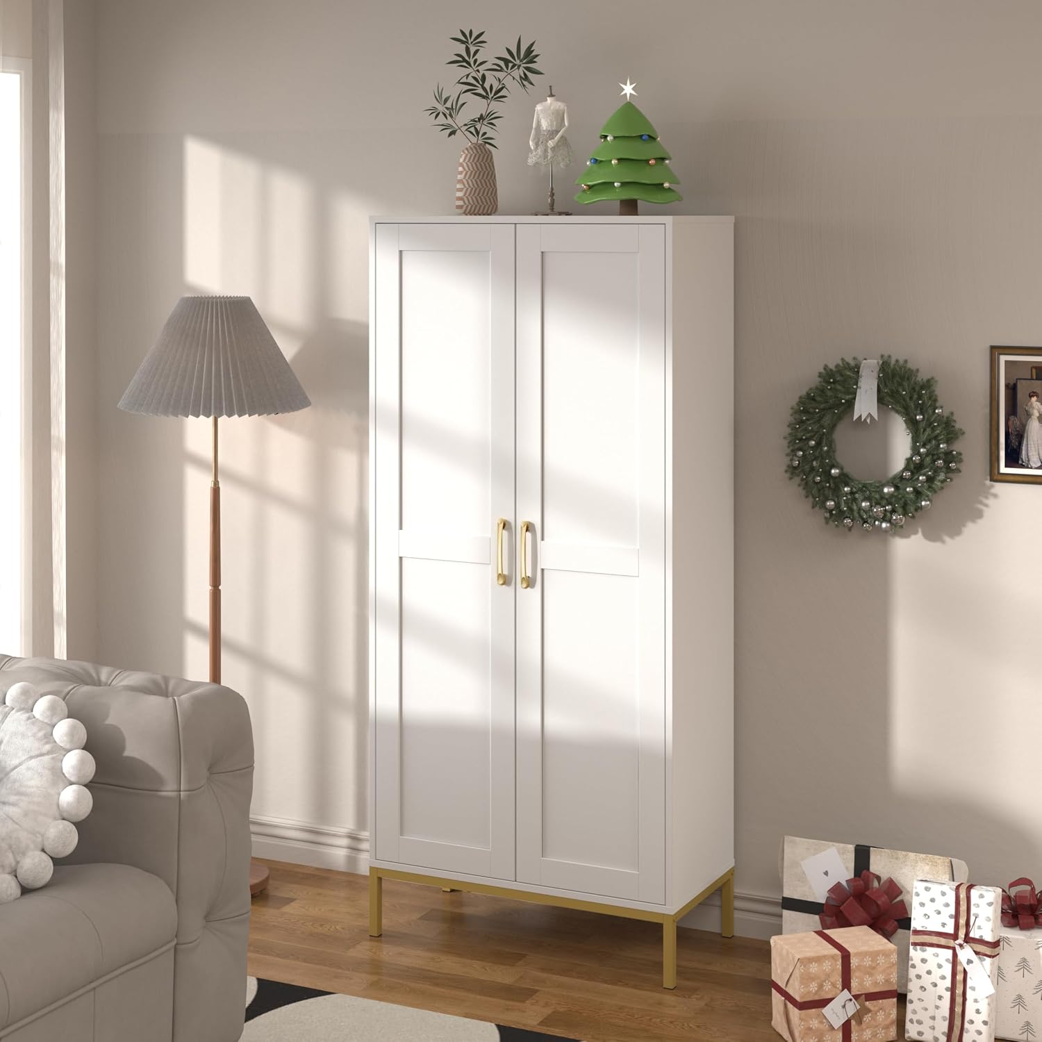 Kitchen Pantry Cabinet,Kitchen Pantry with 2 Adjustable Shelves,4 Shelf Cabinet,Freestanding Floor Cabinet,Unit for Garage Storage,Pantry,Laundry Room,Organization and Storage,White