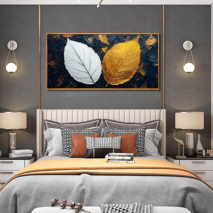 Leaves Wall Art for Living Room, Black White and Gold Canvas Wall Decor for Bedroom, Picture Print Artwork, Large Size 59 x 29 Inches Framed