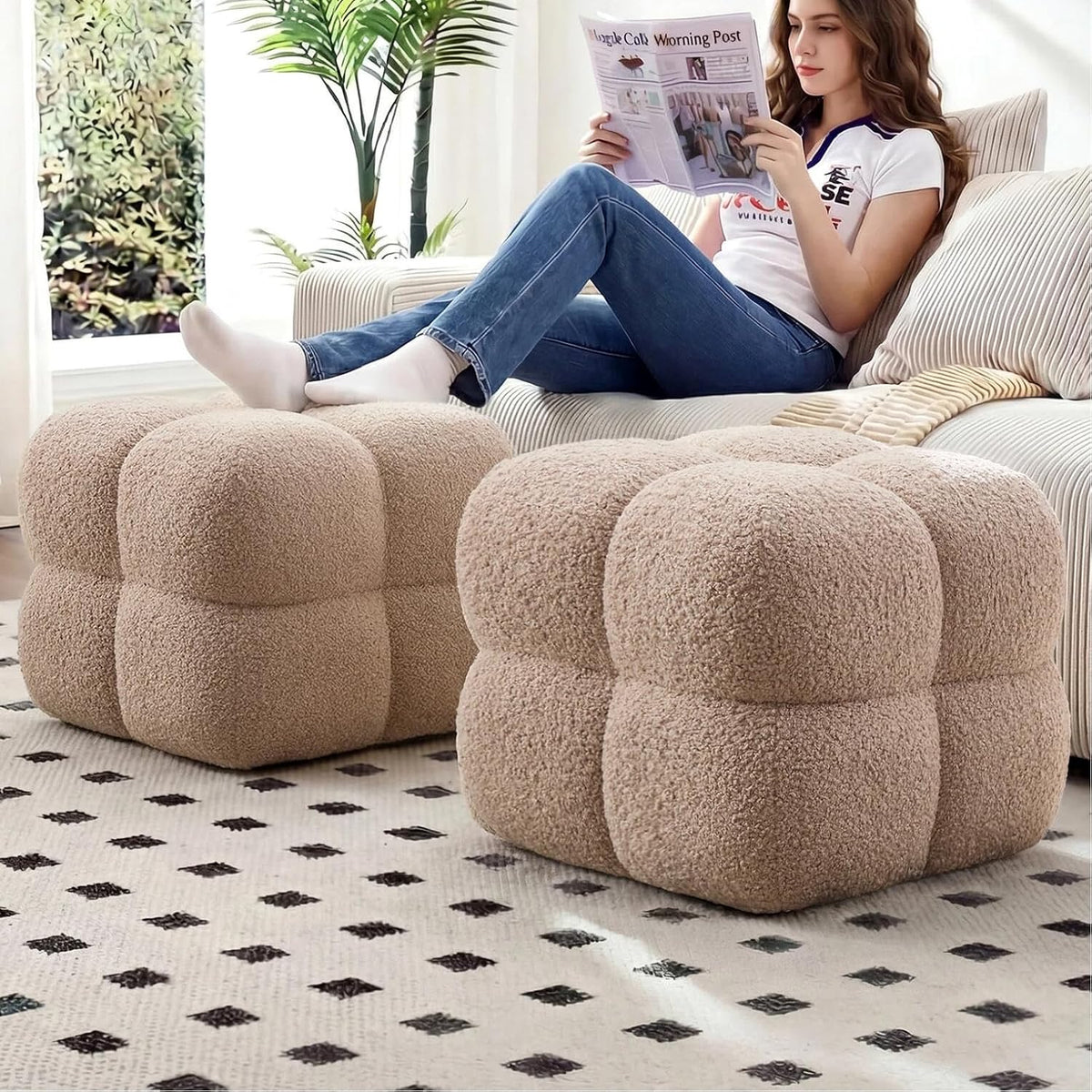 Zesthouse Square Pouf Ottomans Set of 2, Modern Vanity Chair for Bedroom | Sherpa Fabric Foot Rest for Couch, Upholstered Tufted Footstool, Poofy Ottoman Seat for Living Room Dorm, Fluffy Ottoman Tan