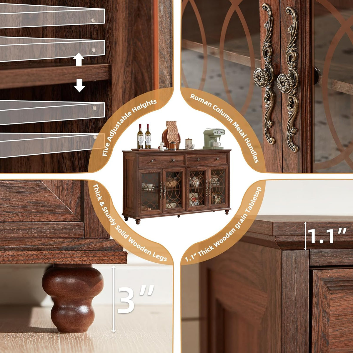 Joaxswe Farmhouse Sideboard Buffet Cabinet with Storage,59" Large Credenza with 4 Glass Doors & 2 Drawers,Adjustable Shelves Console Table,Wood Kitchen Coffee Bar for Dining Room,Living Room,Brown