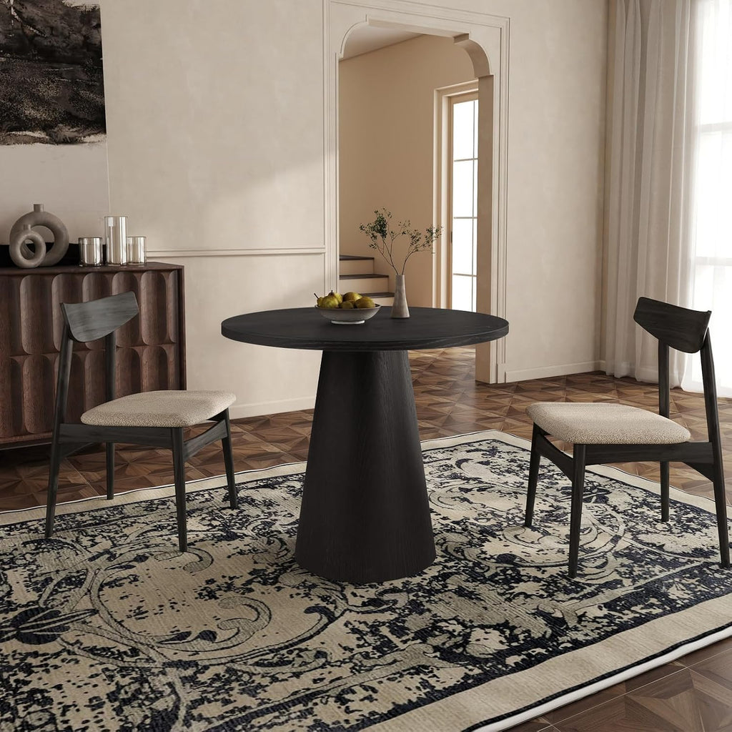Comfy to go 35" Round Dining Table Wood for 2-3, Modern Farmhouse Kitchen Table with Concrete Pedestal Base, Small Circle Dining Table for Kitchen Living Room (Black)