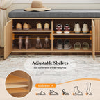 59" Storage Bench with Drawer, 2-Tier Shoe Bench with Doors, Long Entryway Bench, Thickened Cushion, Adjustable Shelf, Fluted Design for Entryway, Bedroom, Living Room, Natural