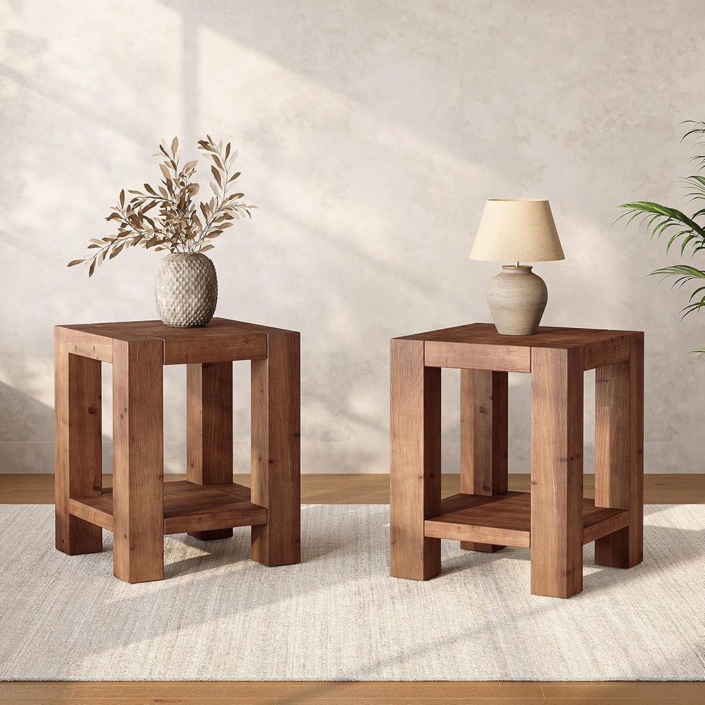 Solid Wood Side Table Set of 2, Farmhouse 2-Tier End Tables with Storage Shelves for Small Spaces, Living Room, Bedroom, Rustic Brown