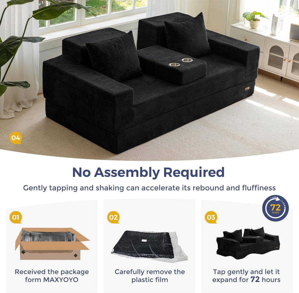 MAXYOYO Sofa Bed, 80-Inch Oversized Loveseat, 2 Cup Holders | Corded Black 4-in-1 Couch Converts Into a Floor Sofa or Chair; Sofa-in-a-Box Design Requires No Assembly.