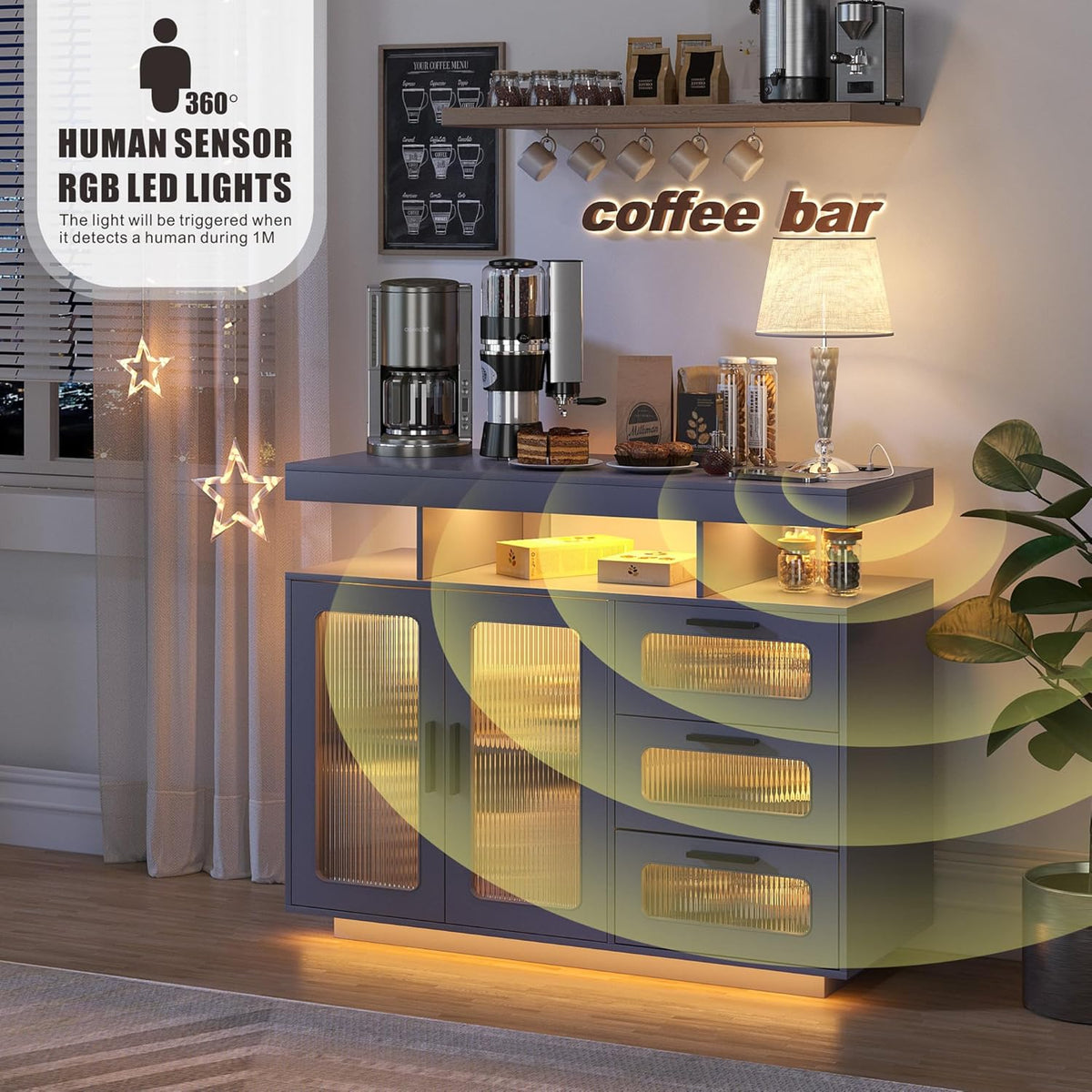 Dystler Coffee Bar Cabinet with Storage, Modern Buffet Cabinet with 3 Drawers and 2 Doors, Sideboard Buffet with Charging Station and Lights, Grey