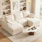 107" Modular Sectional Sofa Couch with Storage,U-Shape 3 Seat Comfy Modern Cloud Couch Sofa with Ottoman, 27" Deep Seat Corduroy Sofa for Living Room, Tool-Free Assembly - Beige