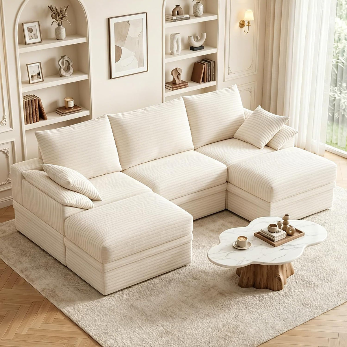 107" Modular Sectional Sofa Couch with Storage,U-Shape 3 Seat Comfy Modern Cloud Couch Sofa with Ottoman, 27" Deep Seat Corduroy Sofa for Living Room, Tool-Free Assembly - Beige