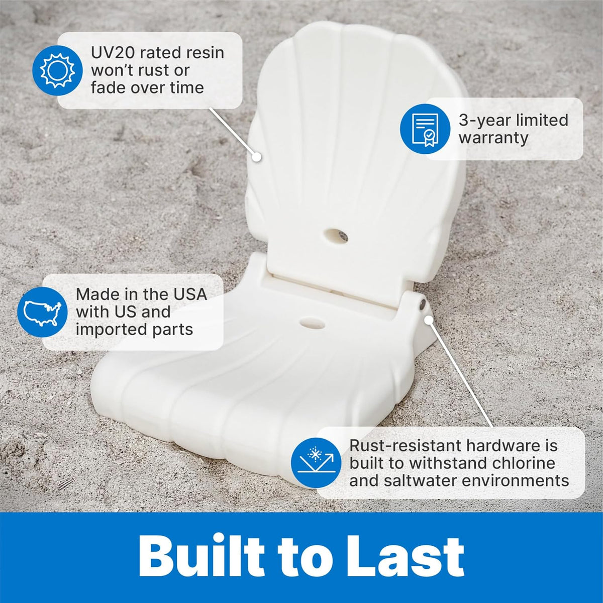 Step2 Seashell Flip Seat 2 Pack, Adult Portable Outdoor Chairs for Poolside, Camping, Beach, Stadium, Providing Back Support, Made of UV20 Durable Plastic, Incredible White