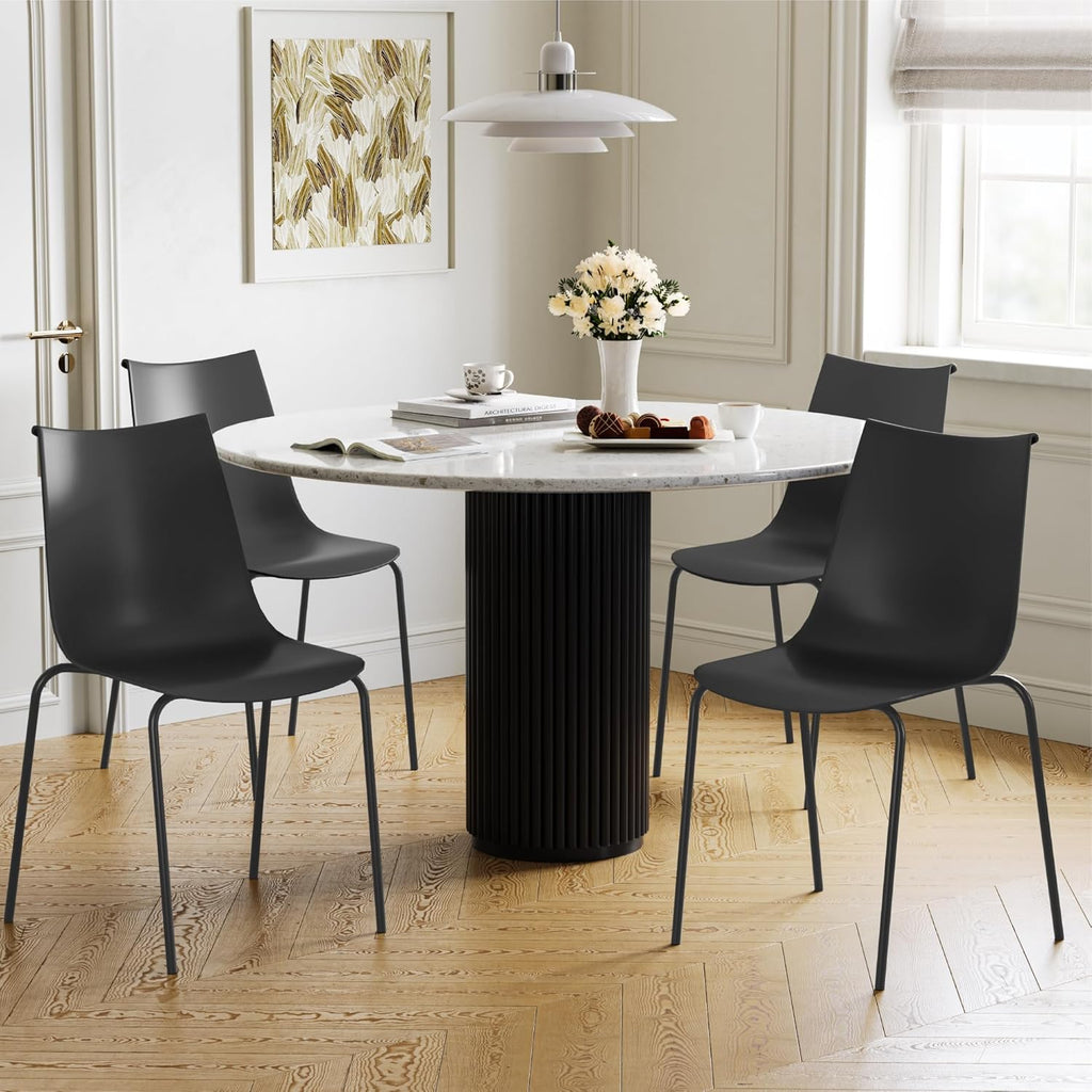 KISLOT Dining Chairs Set of 4, Plastic Outdoor Dining Room Chairs with Metal Legs, PP Anti-UV Stackable Patio Chairs with Ergonomic Back & Curved Seat for Kitchen Swimming Pool, Easy Assembly, Black