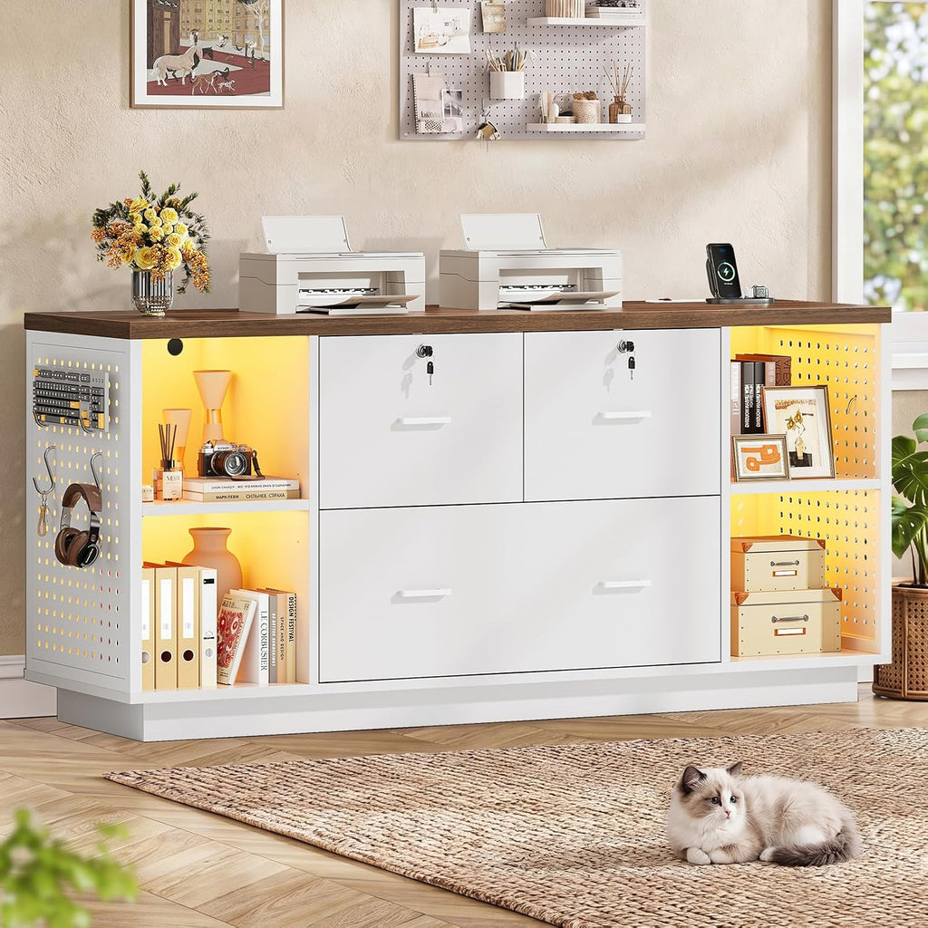 SEDETA 55" File Cabinet with Lock, Large 3 Drawers Filing Cabinets for Home Office, Lockable Printer Stand with Storage, Power Strip, LED Light & Pegboard, White + Brown