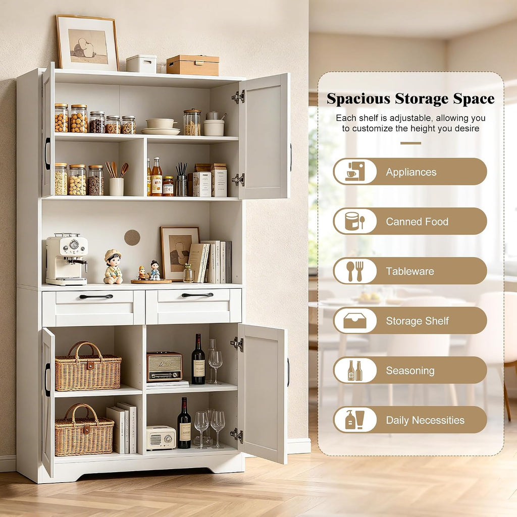 Tall Kitchen Pantry Cabinet with 2 Drawers, White Hutch Cabinet with Storage, Kitchen Pantry Storage Cabinet with Countertop and Adjustable Shelf, Tall Pantry for Kitchen
