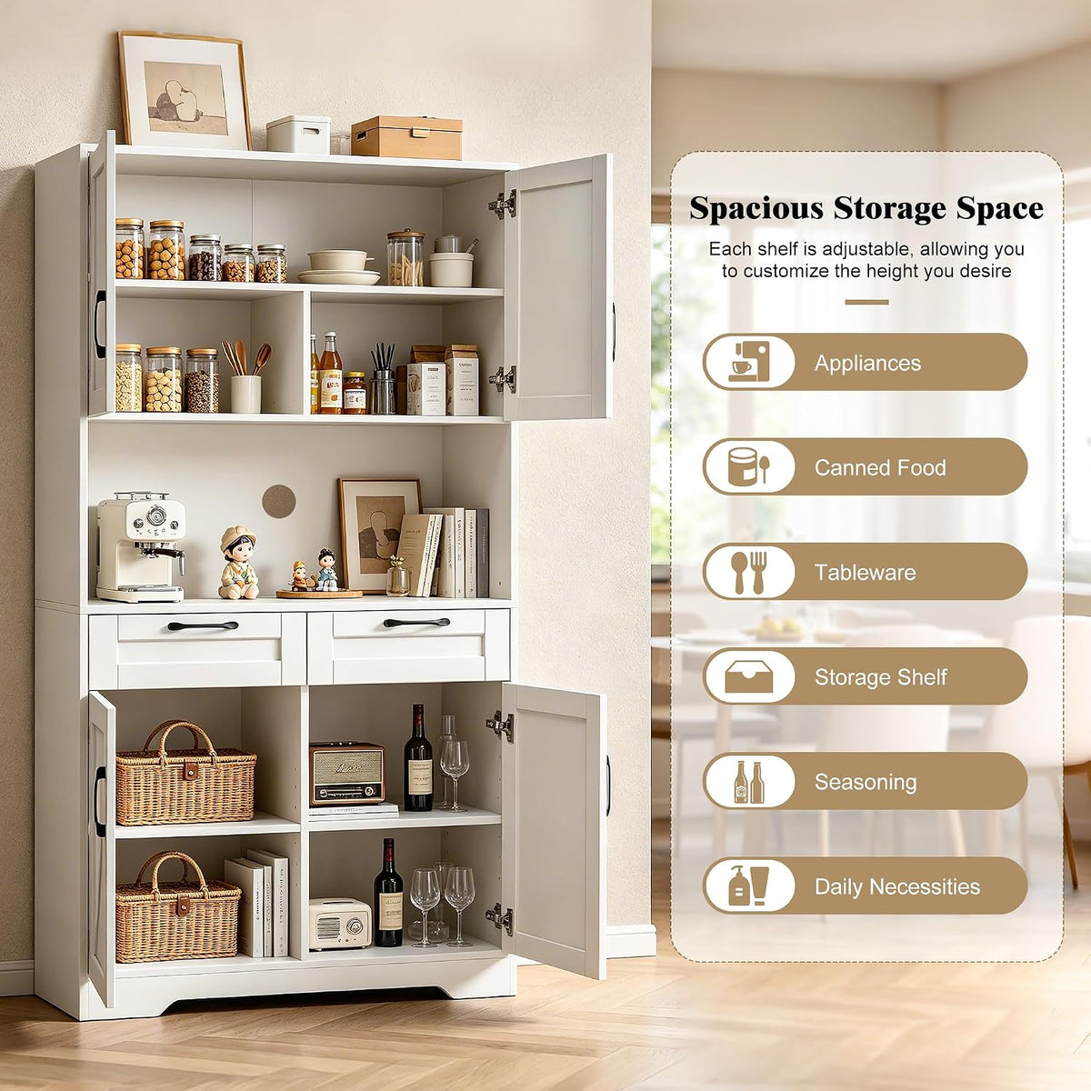 Tall Kitchen Pantry Cabinet with 2 Drawers, White Hutch Cabinet with Storage, Kitchen Pantry Storage Cabinet with Countertop and Adjustable Shelf, Tall Pantry for Kitchen