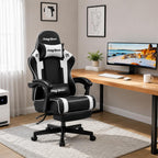 Gaming Chair for Adults Gamer Game Ergonomic PC Chair, 7-Point Support | Pocket Springs & Foam,51cm Wide Seat,Sync Armrests, 90°-135° Backrest, PU Leather, Black and White, 400lbs Load