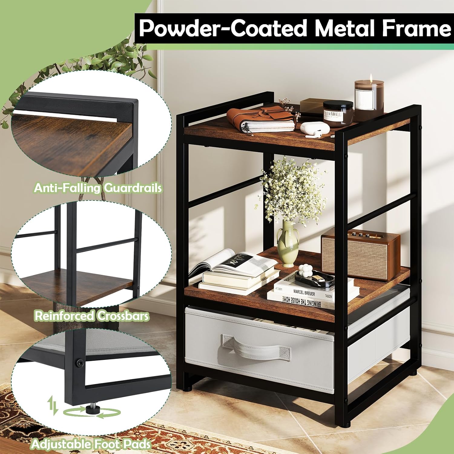 Giantex Industrial Nightstand with Storage Drawer, Rustic Bedside Table with Metal Frame & Open Shelf, 16 Inch Small Side End Table for Bedroom, Living Room, or Apartment, Rustic Brown