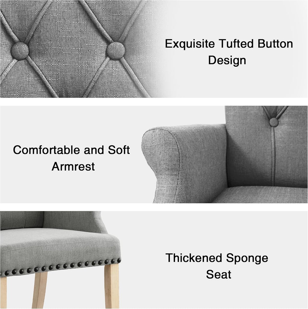 LOULENS Fabric Dining Chair, Modern Upholstered Armchair with Nailheads Trim & Wooden Legs, High-Back Accent Chair for Kitchen, Dining Room, Living Room and Bedroom, Light Grey