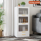 3-Tier Metal Kitchen Storage Cabinet with Drawer, Freestanding Microwaves Rack, Flip-up Acrylic Doors for Living Room & Dining Room, White