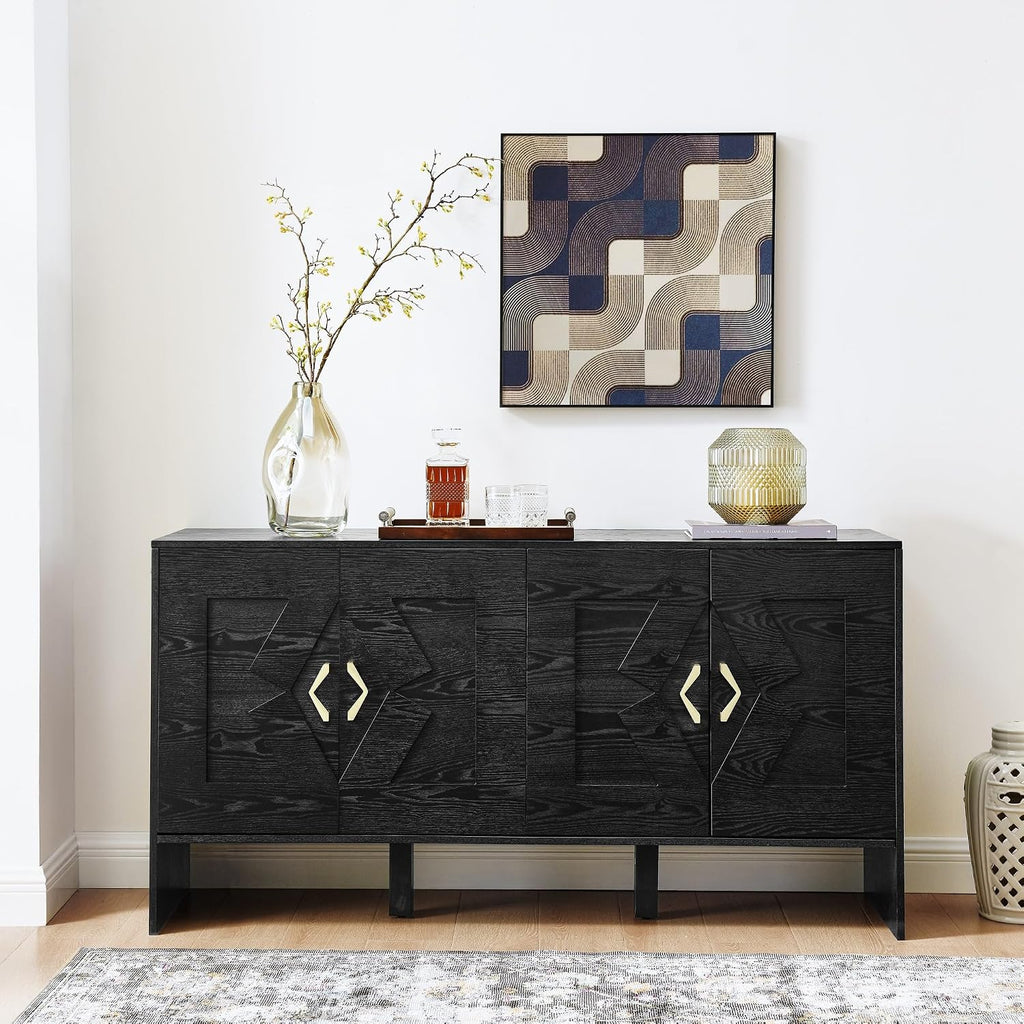 Mid Century Modern Sideboard Buffet Cabinet and TV Media Console 60 Inch with Geometric Pattern Adjustable Shelves Solid Wood Construction for Living Room Dining Room Kitchen (Black)