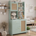71'' Tall Kitchen Pantry Storage Cabinet, Kitchen Hutch Bar Cabinet with Microwave Stand, Farmhouse Buffet Cabinet w/Drawer, 3 Adjustable Shelf & 3 Rattan Doors for Kitchen, Dining Room (Green)