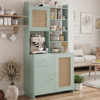 71'' Tall Kitchen Pantry Storage Cabinet, Kitchen Hutch Bar Cabinet with Microwave Stand, Farmhouse Buffet Cabinet w/Drawer, 3 Adjustable Shelf & 3 Rattan Doors for Kitchen, Dining Room (Green)