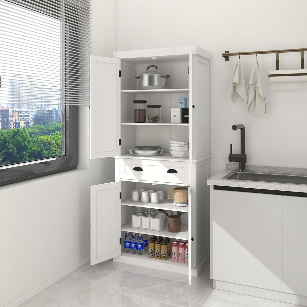 RASOO 70.87" Hutch Cabinet with Storage Freestanding White Pantry Storage Cabinet with 1 Drawer and 4 Doors, 3 Adjustable Shelves Inside of The Buffet Cabinet