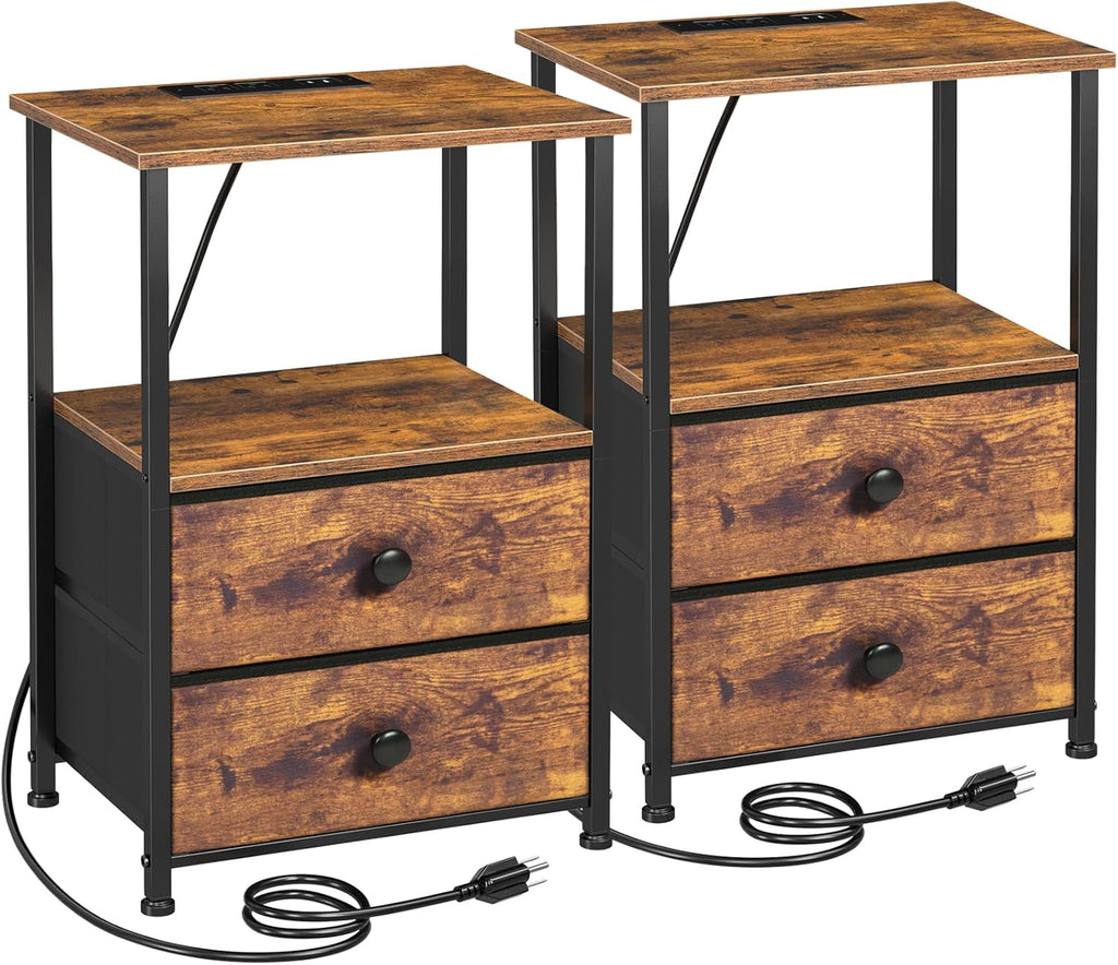 LOAKEKEL Night Stand, Nightstands Set of 2 with Charging Station | Bedside Table with 2 Fabric Drawers for Bedroom, End Tables with Storage Shelf for Small Spaces, Rustic Brown