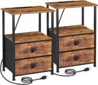 LOAKEKEL Night Stand, Nightstands Set of 2 with Charging Station | Bedside Table with 2 Fabric Drawers for Bedroom, End Tables with Storage Shelf for Small Spaces, Rustic Brown