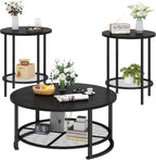 DKLGG 3-Piece Coffee Table and End Table Sets for Living Room, Round Coffee Table Set of 3 with Storage, Modern Farmhouse Rustic Living Room Table Set for Apartment Home Office, Black