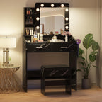 Patikuin Vanity Desk with Mirror and Lights for Bedroom, Marble Black Modern Makeup Table with 2 Drawers, 3 Light Modes & Dimmable LED, Includes Stool