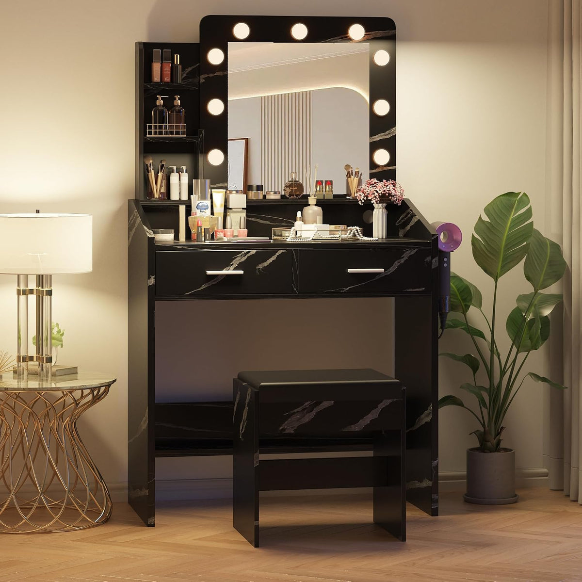 Patikuin Vanity Desk with Mirror and Lights for Bedroom, Marble Black Modern Makeup Table with 2 Drawers, 3 Light Modes & Dimmable LED, Includes Stool