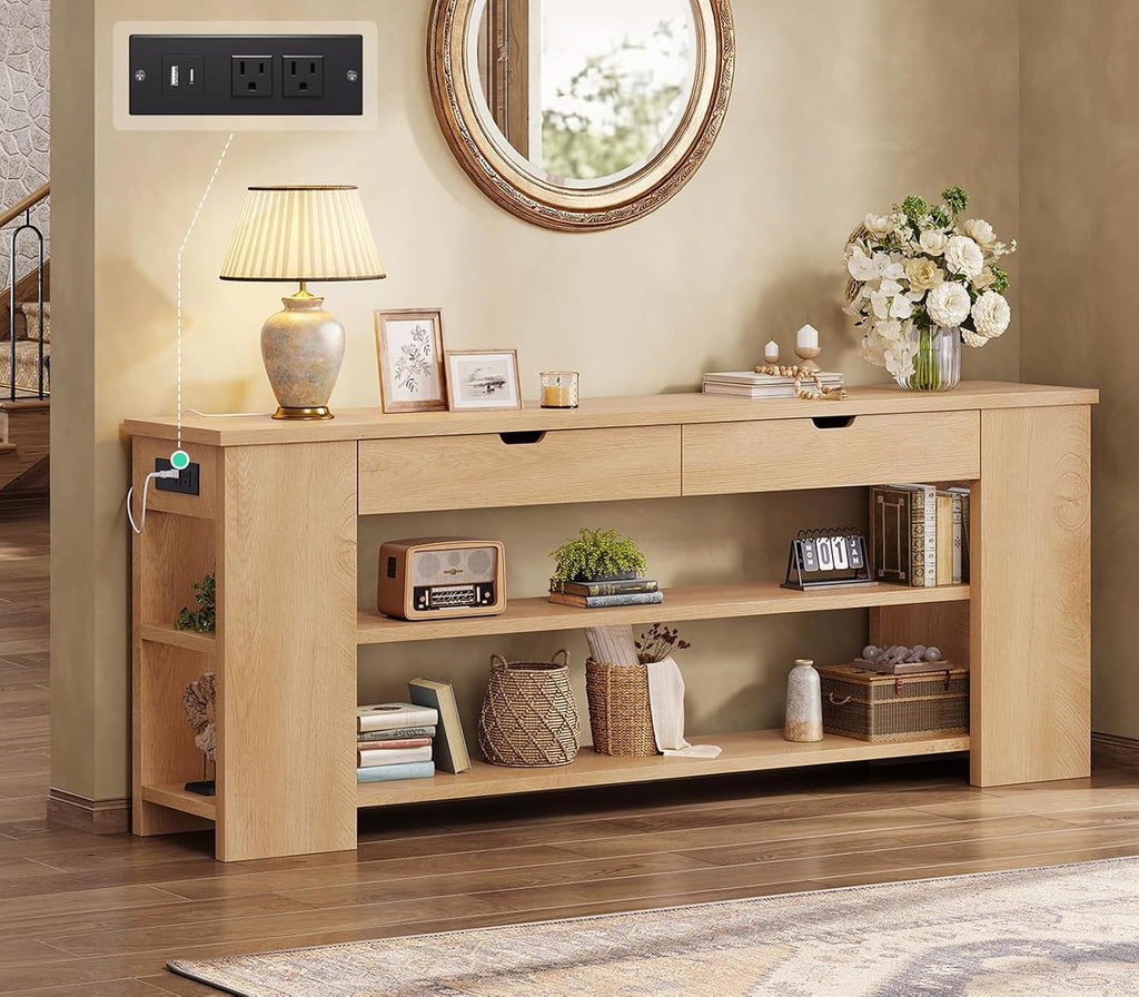 71.8 Inch Extra Long Console Table with Drawers, Farmhouse Long Console Table with Shelves & Built-in Outlets, Entryway Table with Storage for Living Room, Entryway, Hallway, Natural