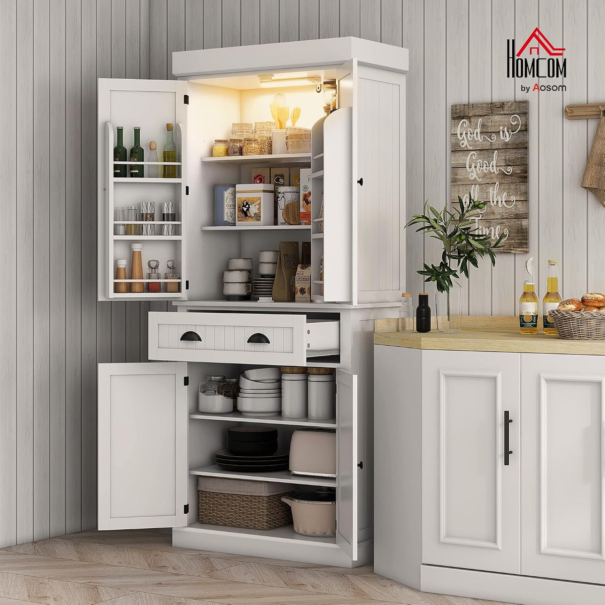 HOMCOM 71" Kitchen Pantry Cabinet LED Motion Sensor Light Drawer White | Tall Storage Cabinet, 6 Door Shelves, Adjustable Shelves, Living & Dining Room