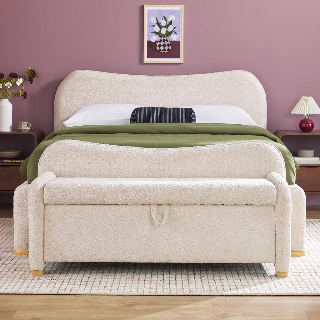 Walker Edison Chantelle Modern Contemporary Curved Upholstered Bench with Storage, 56 Inch, Ivory Bouclé