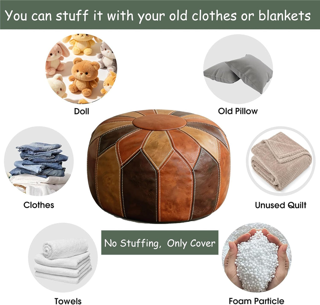Thgonwid Round Unstuffed Pouf Cover, Faux Leather Storage Ottoman, Boho Moroccan Foot Stool, Multi-Purpose Home Decor for Living Room, Bedroom and Balcony, Retro Moroccan Color, No Filling Included