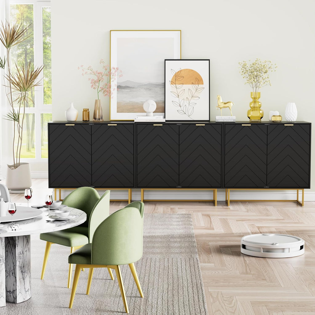 Scurrty Large Sideboard, Black Storage Buffet with 6 Doors, Adjustable Shelf & Golden Legs - Accent Cabinet for Living Room & Kitchen