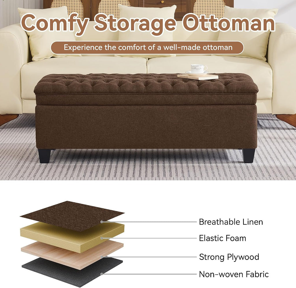 WUTUTUEE 50" Fabric Storage Ottoman Bench, Upholstered Rectangle End of Bed Storage Ottoman Tufted Living Room Bedroom Bench with Safety Hinge, Solid Wood Legs, Loads 500 lb(Brown)