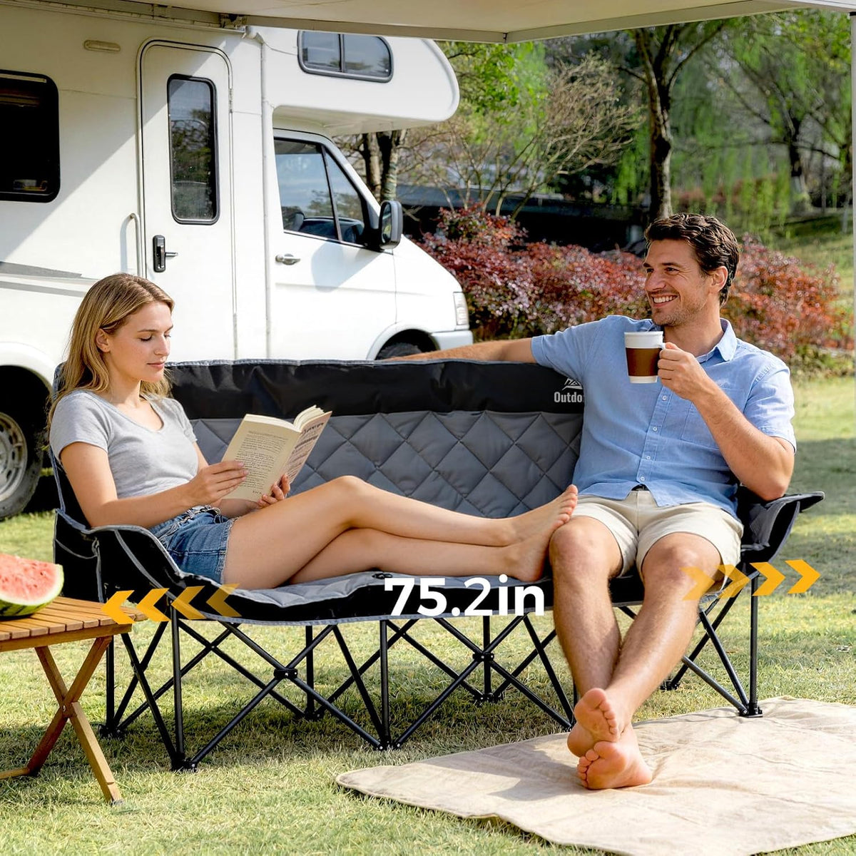 Padded 3 Person Camping Chair Oversized Camping Couch, Heavy Duty Folding Double Camping Chair, Extra Wide Camping Loveseat with Cup Holder & Side Pockets for Camping & Lawn, Supports 660LBS Black