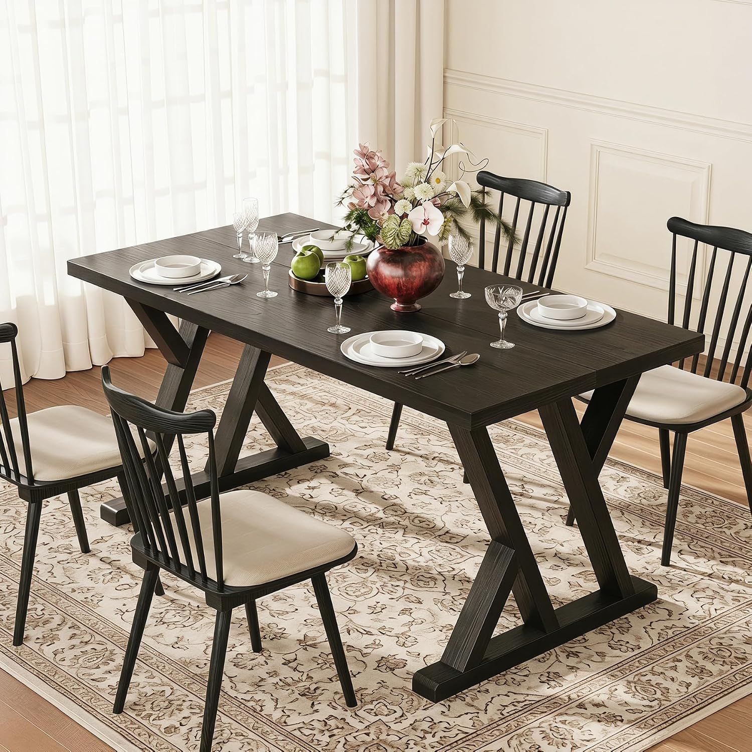 Solid Wood Dining Table for 4-6 People, 63 Inches Wooden Farmhouse Rectangular Kitchen Dinner Table with Heavy-Duty Legs for Home, Living Room, Dining Room, Black