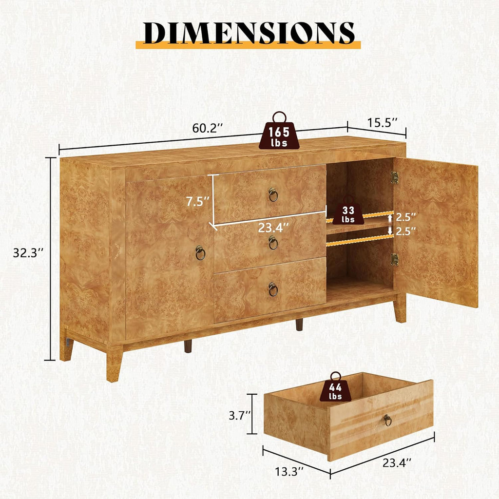AMERLIFE 60" High Gloss Burl Buffet Sideboard Storage Cabinet, Large Wood Sideboard with Drawers, Retro Handles, Heavy Duty Coffee Wine Bar Buffet Table for Dining Room, Living Room, Yellow