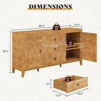 AMERLIFE 60" High Gloss Burl Buffet Sideboard Storage Cabinet, Large Wood Sideboard with Drawers, Retro Handles, Heavy Duty Coffee Wine Bar Buffet Table for Dining Room, Living Room, Yellow